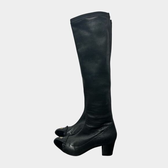 Chanel Black Lambskin Knee-High Boots 2010 Cap Toe Patent Leather CC Logo EU 37 - Picture 2 of 8